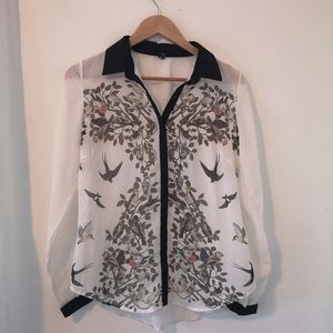 3 for $25 Sheer printed white blouse with bird pattern